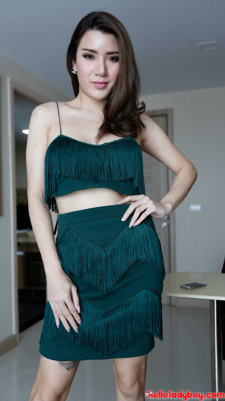 Tempting Ladyboy Peach Dressed in Red Hot Outfit and High Heels Gets Naughty with Herself in a Solo Show - 