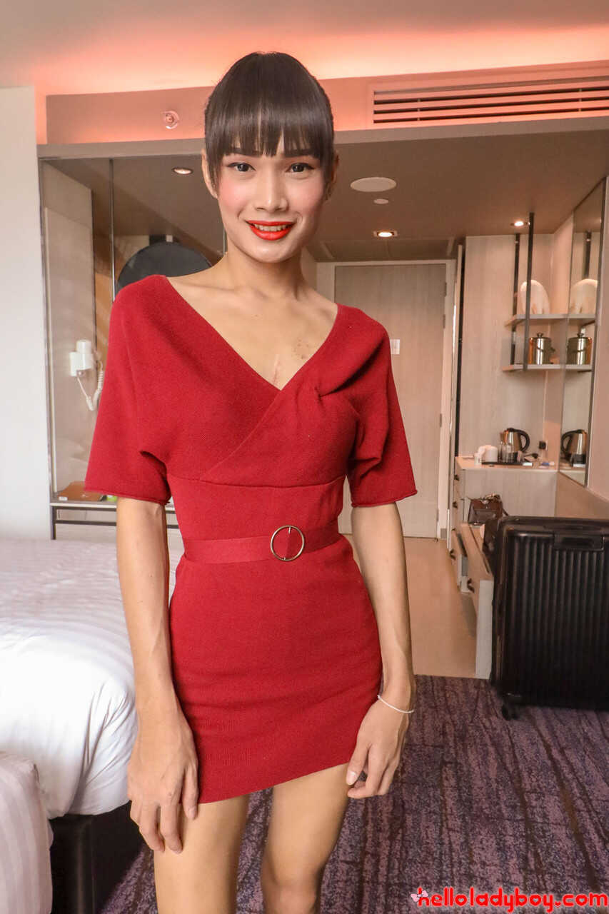 Brunette Asian Ladyboy Mei Poses in Red Dress Undies - Ladyboy Mei