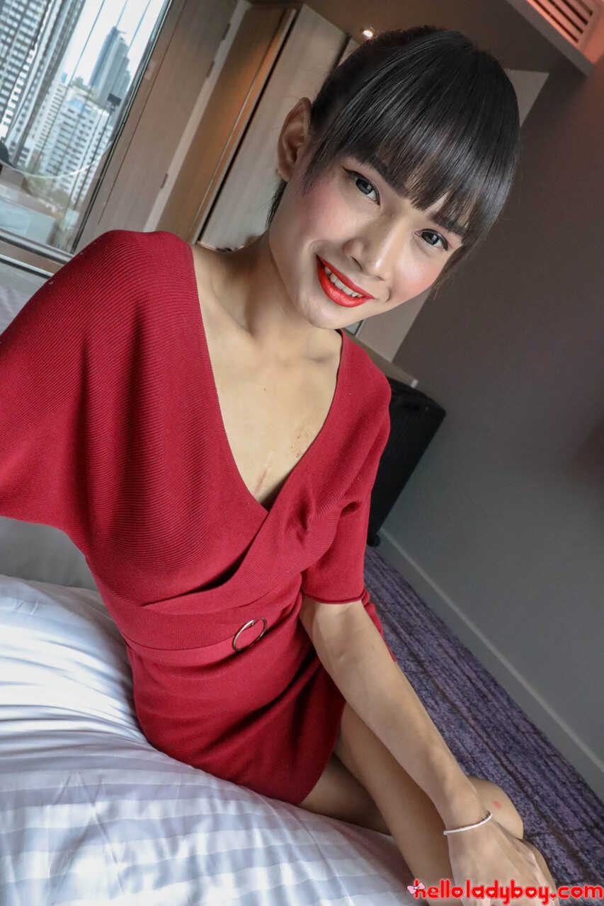 Brunette Asian Ladyboy Mei Poses in Red Dress Undies - Ladyboy Mei