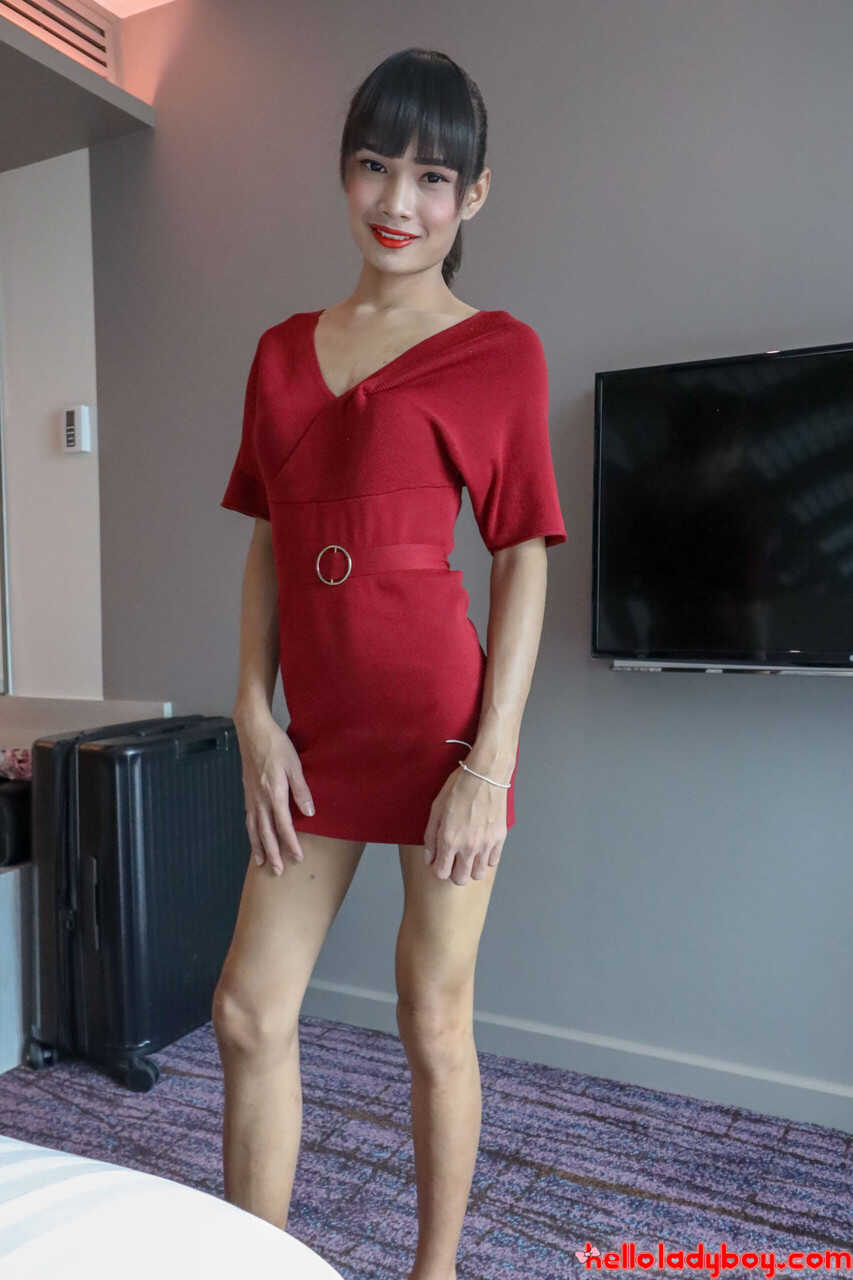 Brunette Asian Ladyboy Mei Poses in Red Dress Undies - Ladyboy Mei