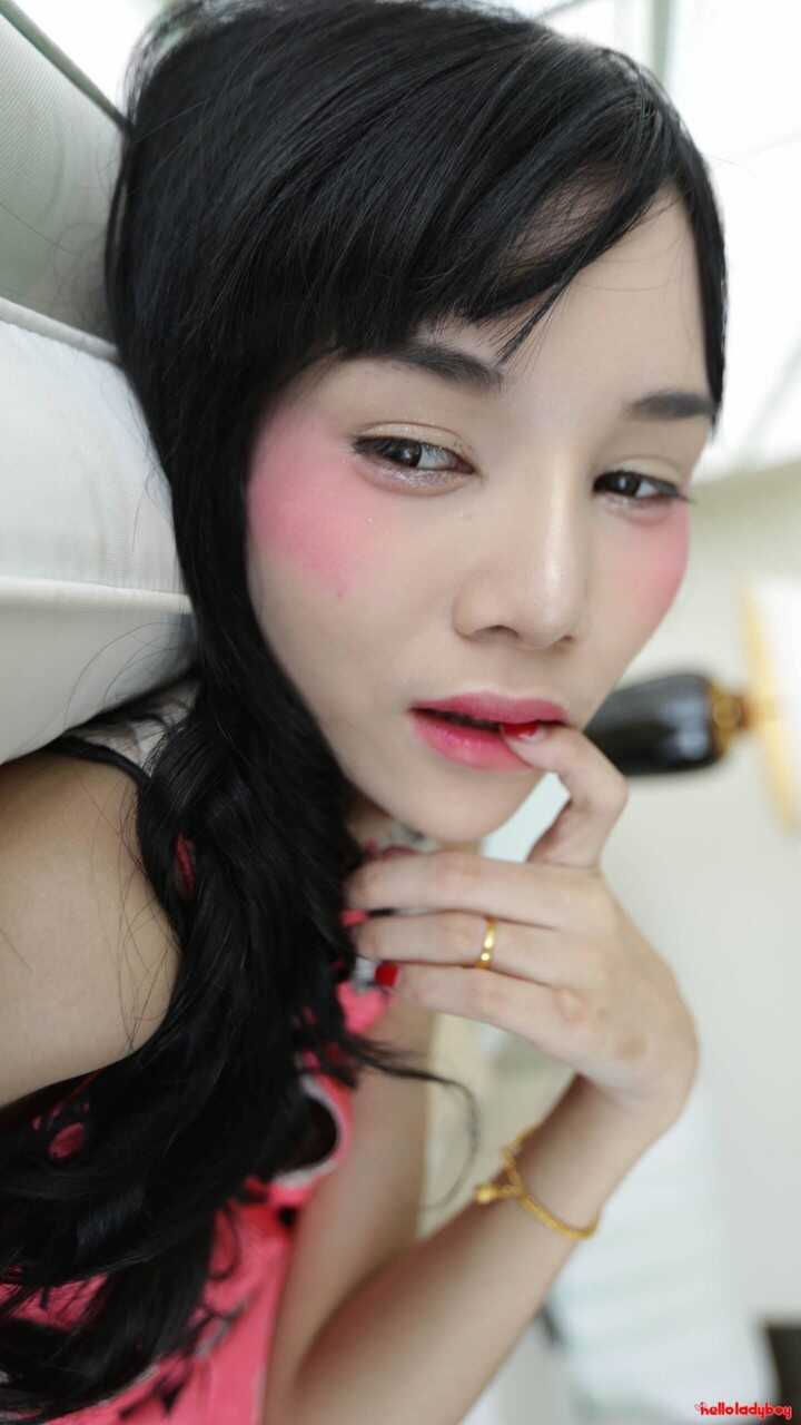 Brunette Asian shemale strips and shows off her hairy pussy before taking a big cock up her ass! - 
