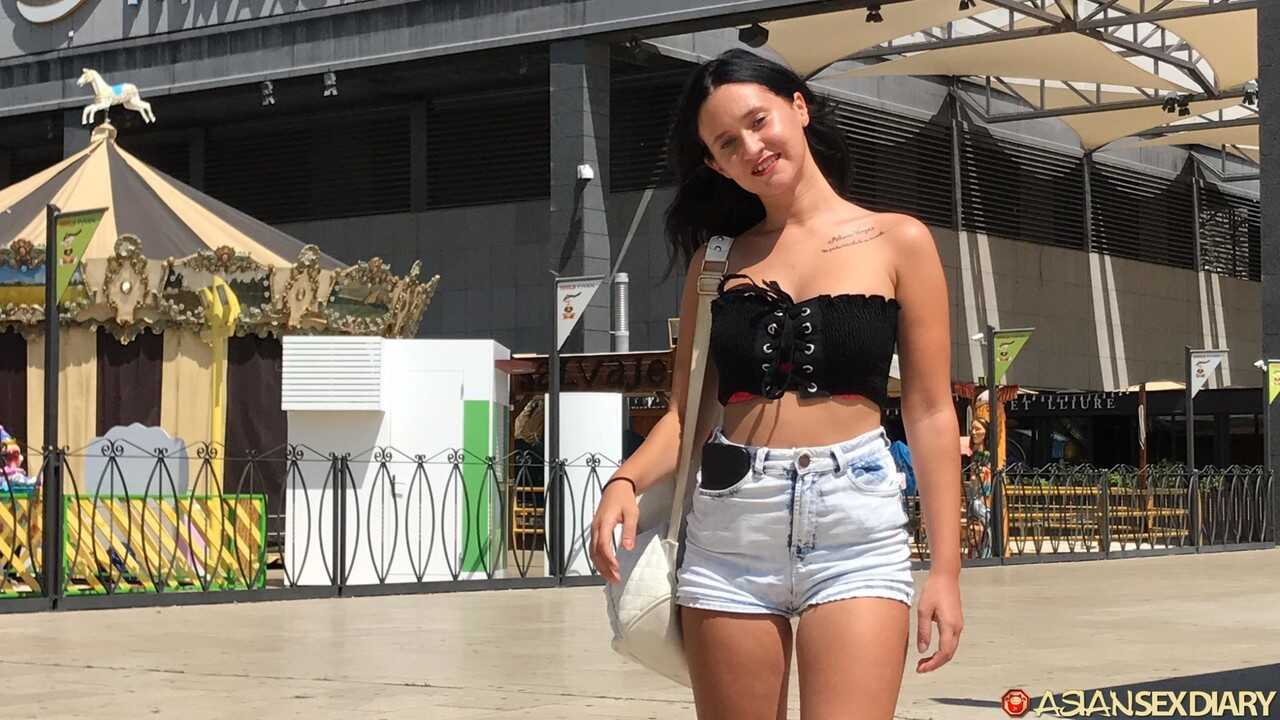 Estefania the sexy Asian slut bares all, strips down to her black lace panties and fucks in hardcore POV style - Estefania