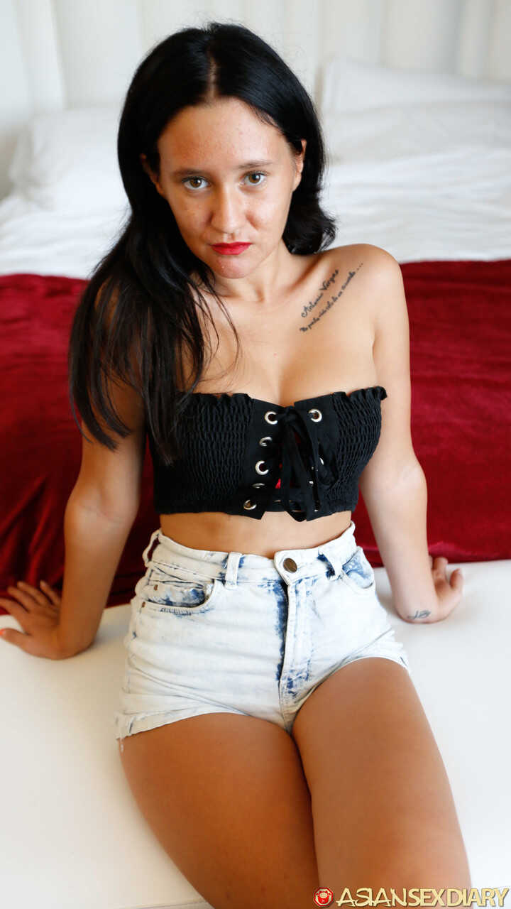 Estefania the sexy Asian slut bares all, strips down to her black lace panties and fucks in hardcore POV style - Estefania