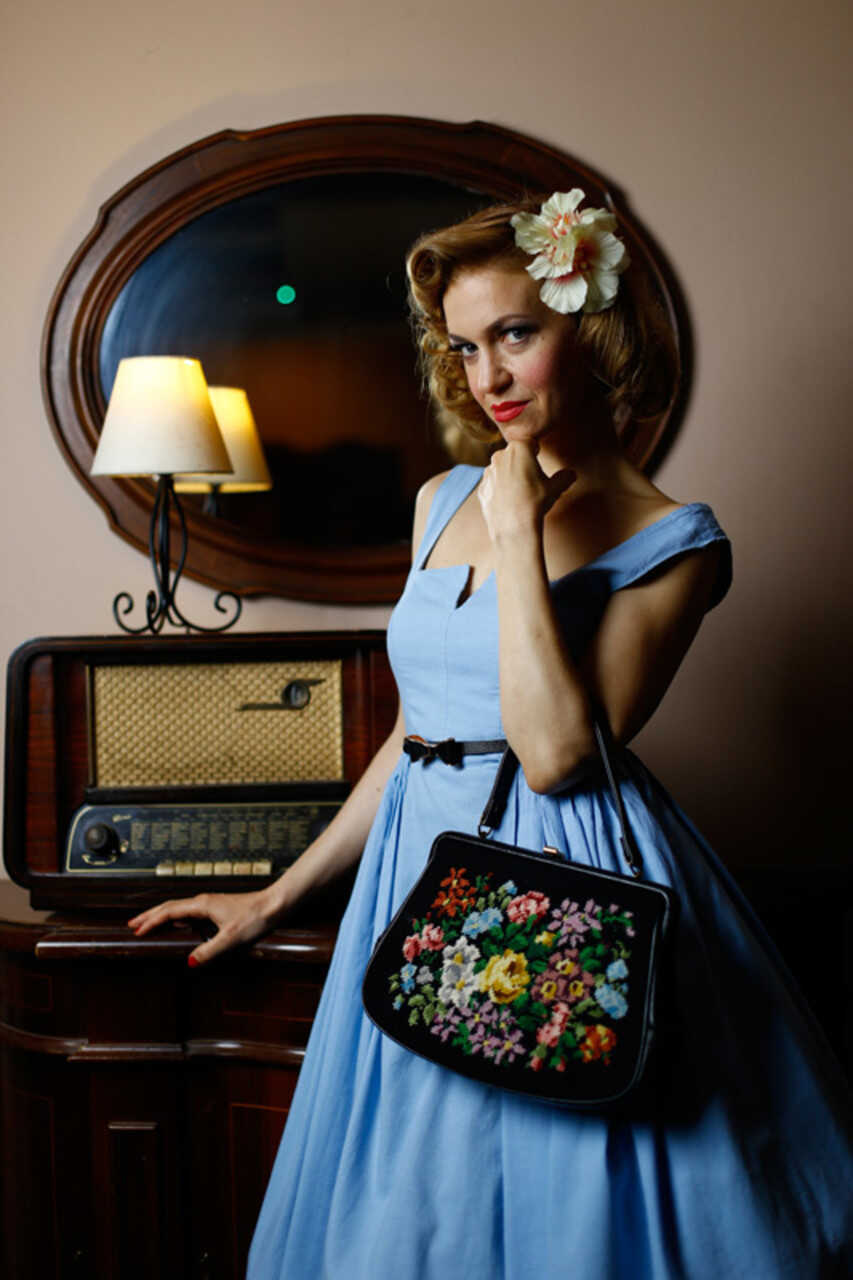 Blue Dressed Beauty in Vintage Scene