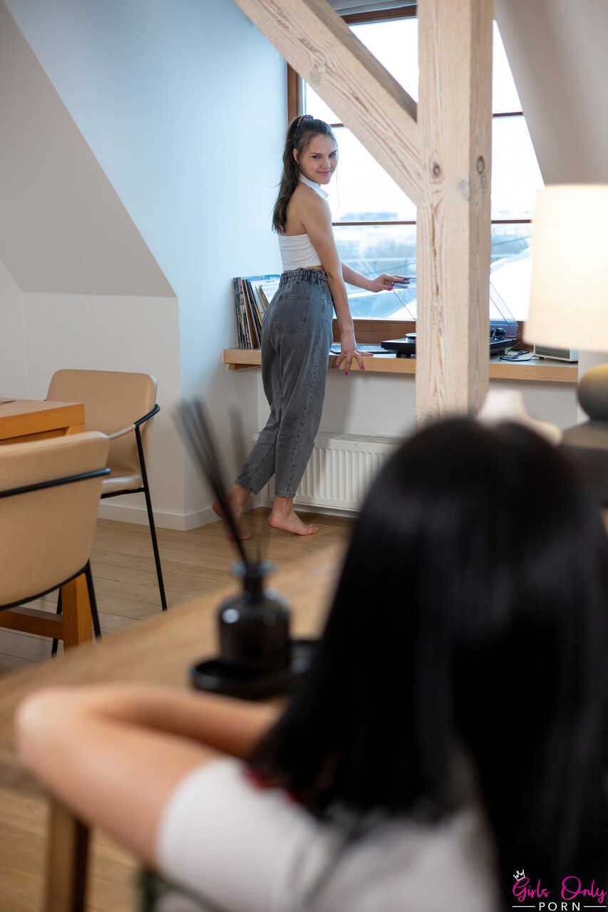 Skinny lesbian girlfriends Adrianna and Ella Bonita Kitty strip & fuck on the sofa with their hot male friend Simon - ...