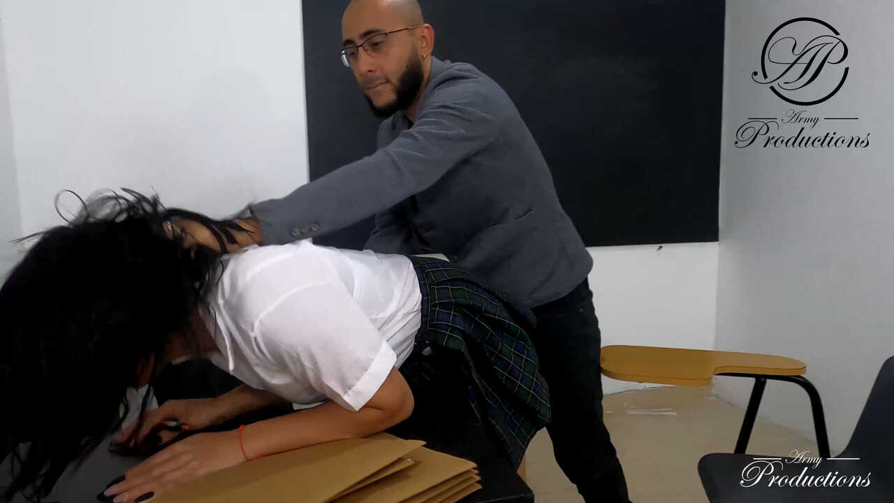 Brunette teen with a phenomenal ass takes her teacher's stiff dick in the classroom - 