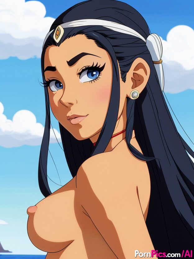 Exploring her body: Long-haired Anime Babe Katara strips naked and masturbates in the sea