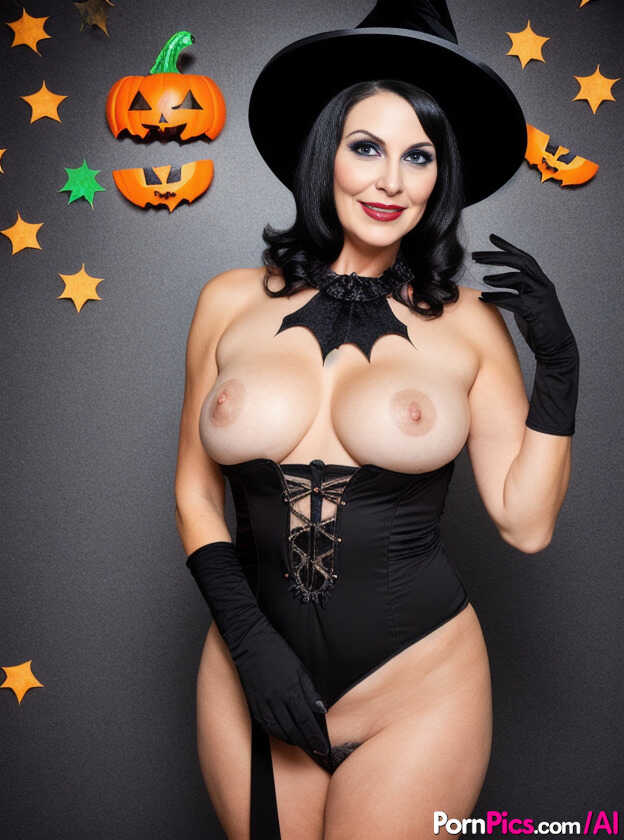 Buxom MILF Sasha Lansday Takes off Her Sexy Halloween Costume to Reveal Her Big Boobs