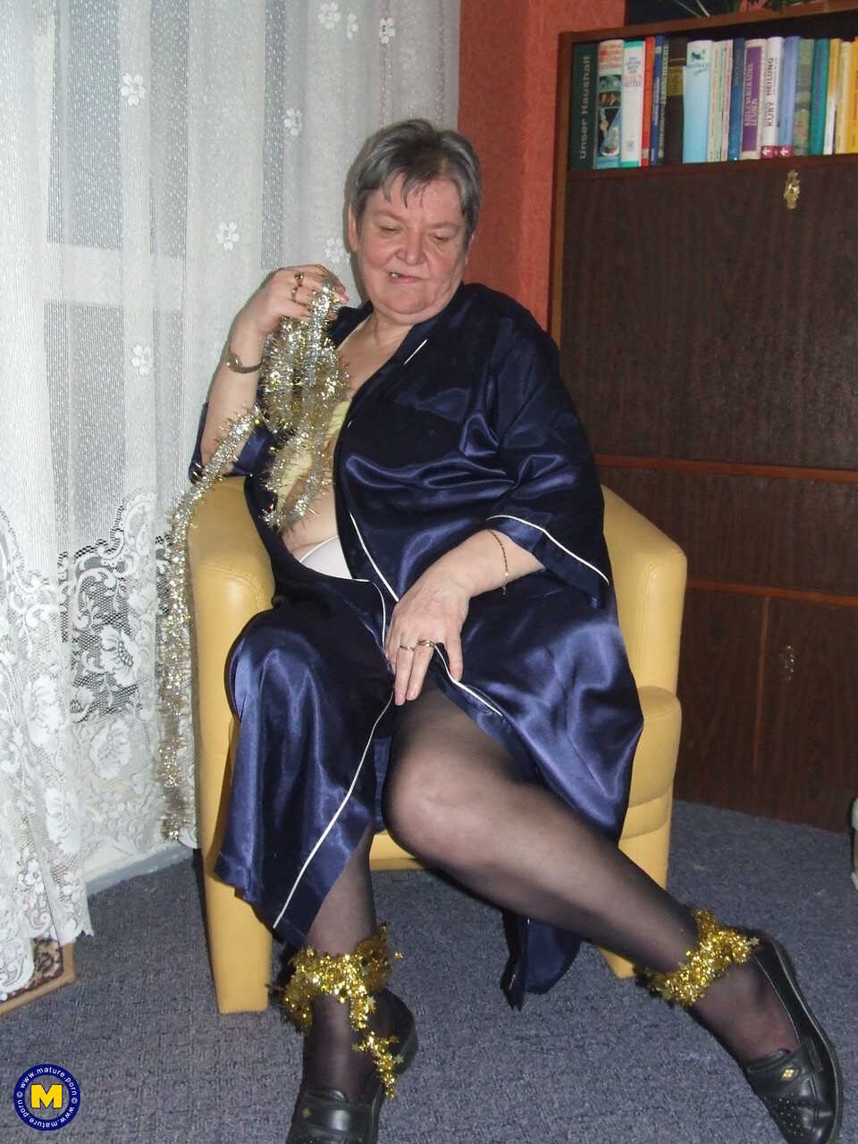 Granny Uschi's Hairy Pussy and Saggy Tits Revealed on the Chair in a Fat European Older Woman Threesome Fantasy! - Uschi