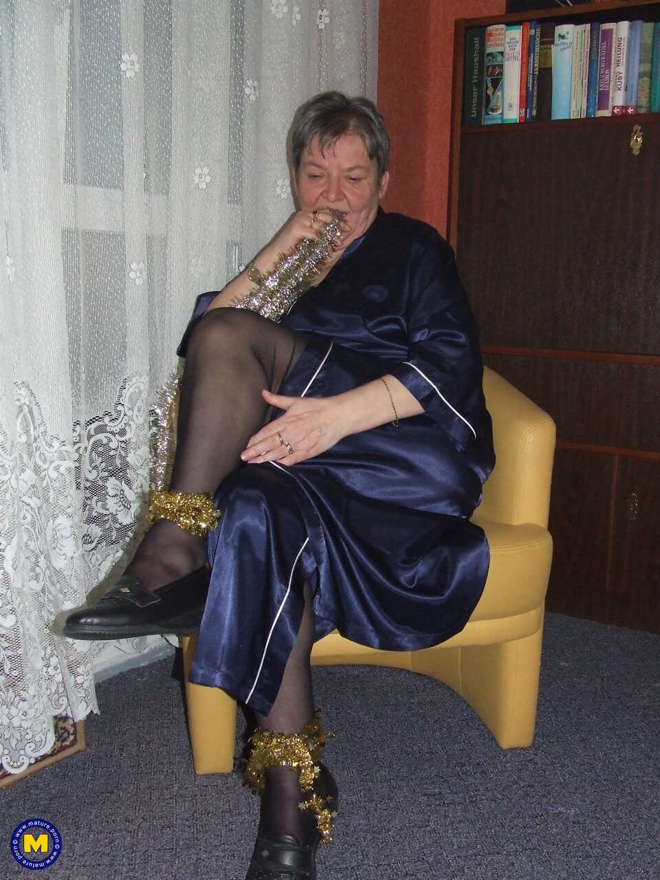 Granny Uschi's Hairy Pussy and Saggy Tits Revealed on the Chair in a Fat European Older Woman Threesome Fantasy! - Uschi