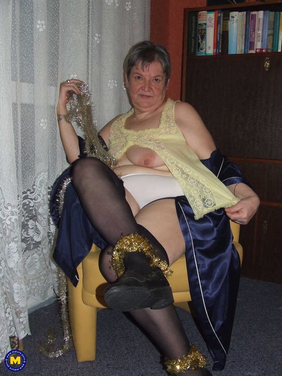 Granny Uschi's Hairy Pussy and Saggy Tits Revealed on the Chair in a Fat European Older Woman Threesome Fantasy! - Uschi