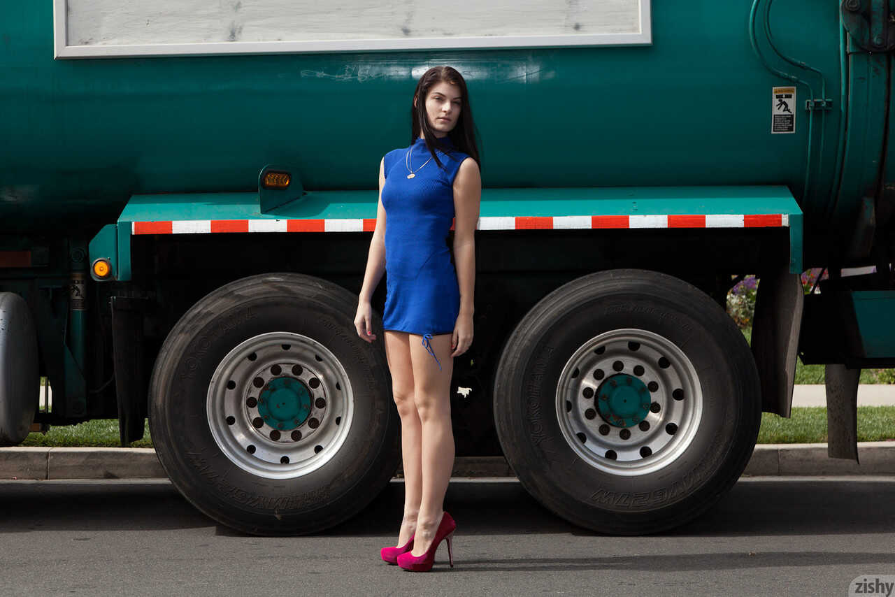 Alyson Grey's Pantiless Exposure Blue Dress and Heels in the Streets