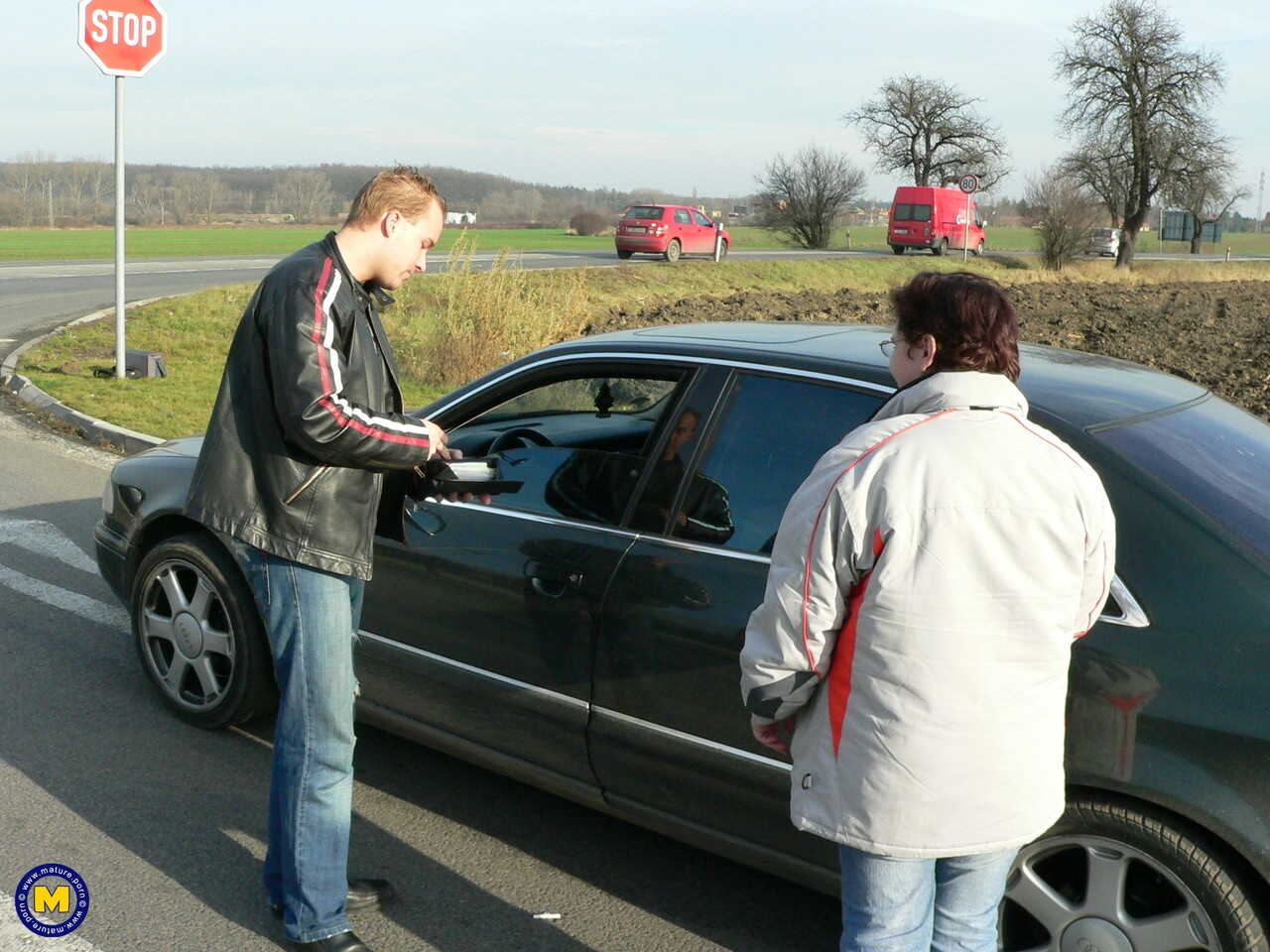 European Marieka gets a stranger's jizz on her big tits in the back seat of his car - Marieka