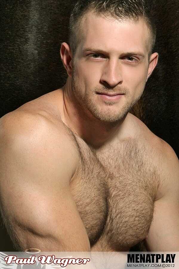 Bare-chested beefcake Paul Wagner flexes for the camera as he strokes his stiff pole - 