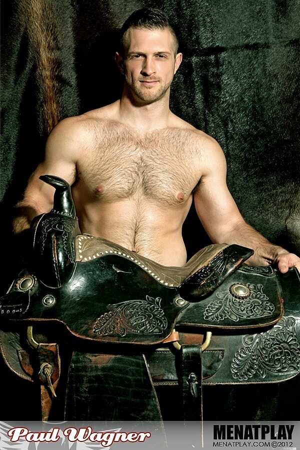 Bare-chested beefcake Paul Wagner flexes for the camera as he strokes his stiff pole - 