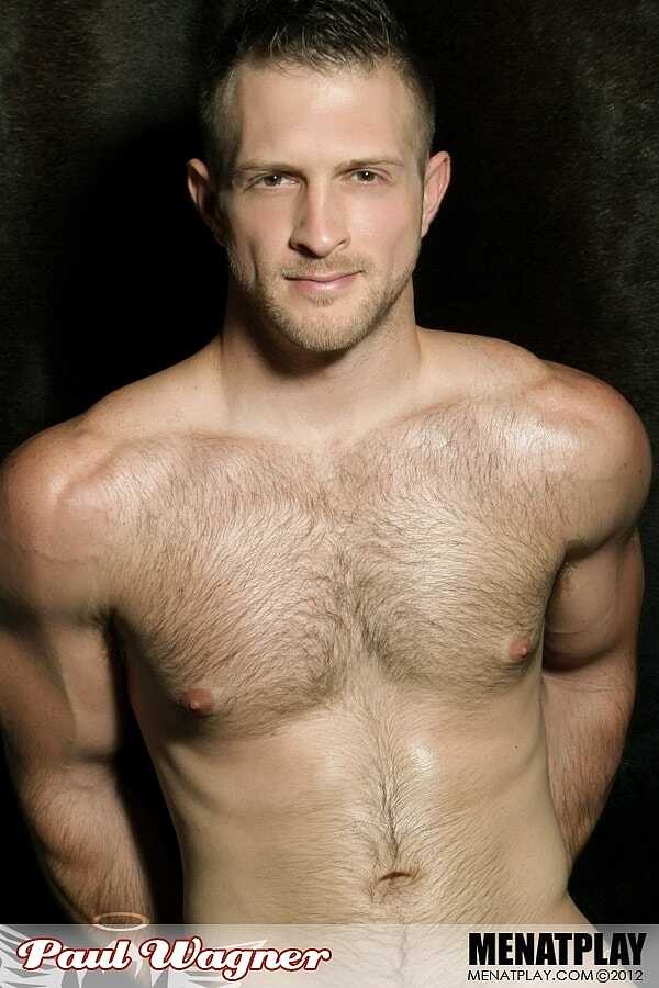 Bare-chested beefcake Paul Wagner flexes for the camera as he strokes his stiff pole - 