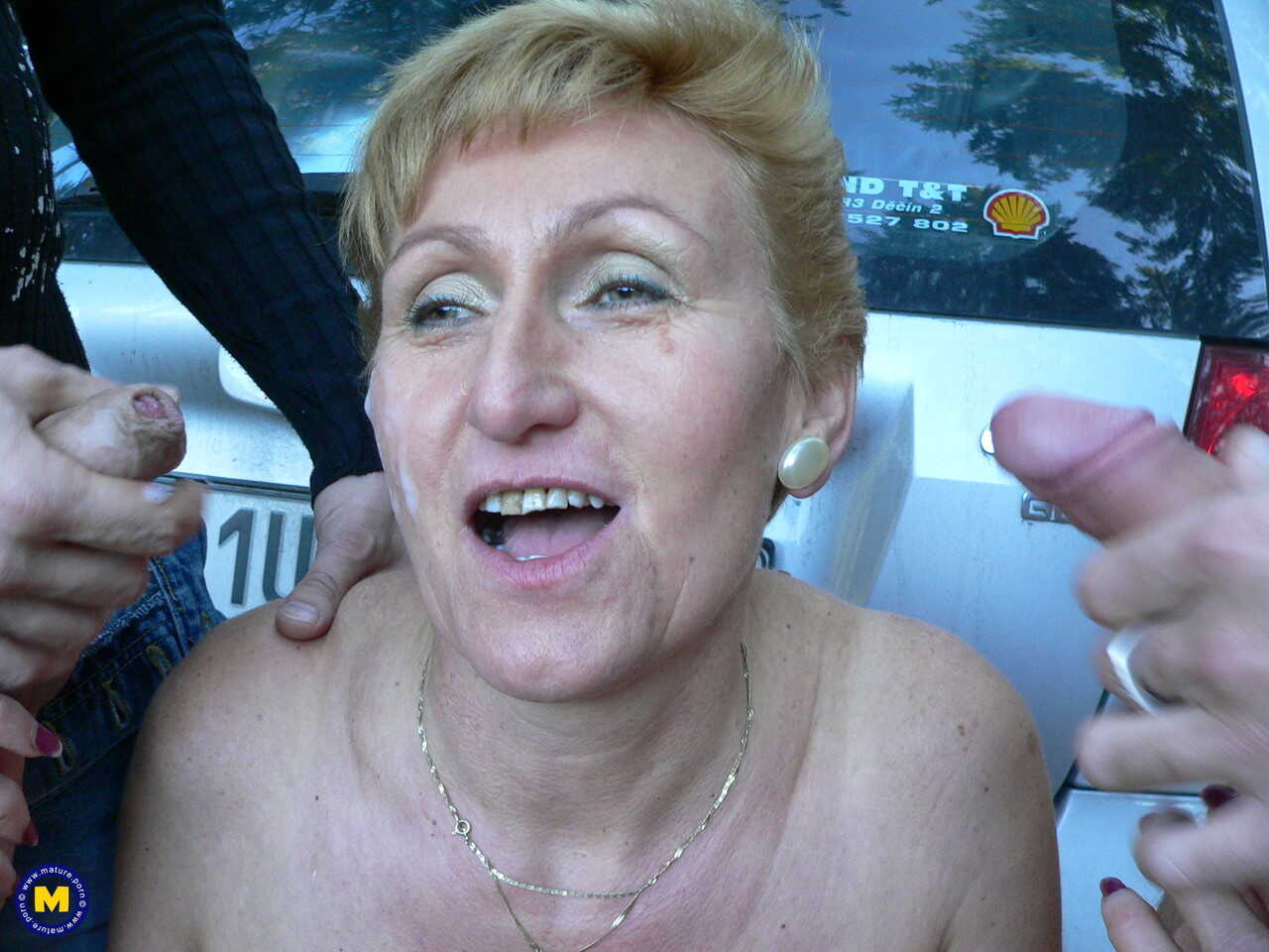 Big titted Patrice gets double facialized by two young studs in the park! - Patrice