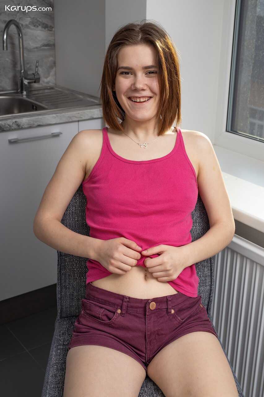 Bald and Busty Mette in the Kitchen Cock-Craving Brunette Shows Off Her Small Tits and Hairless Pussy - Mette