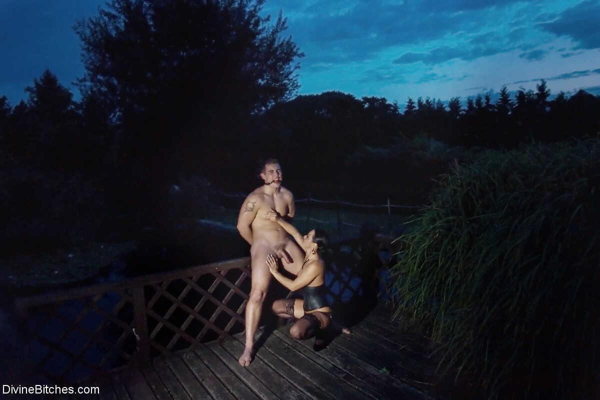 Sandra Romain Slaps and Fucks her Slave's Ass on the Bridge with Her Mature Strapon - Martin Love, Sandra Romain