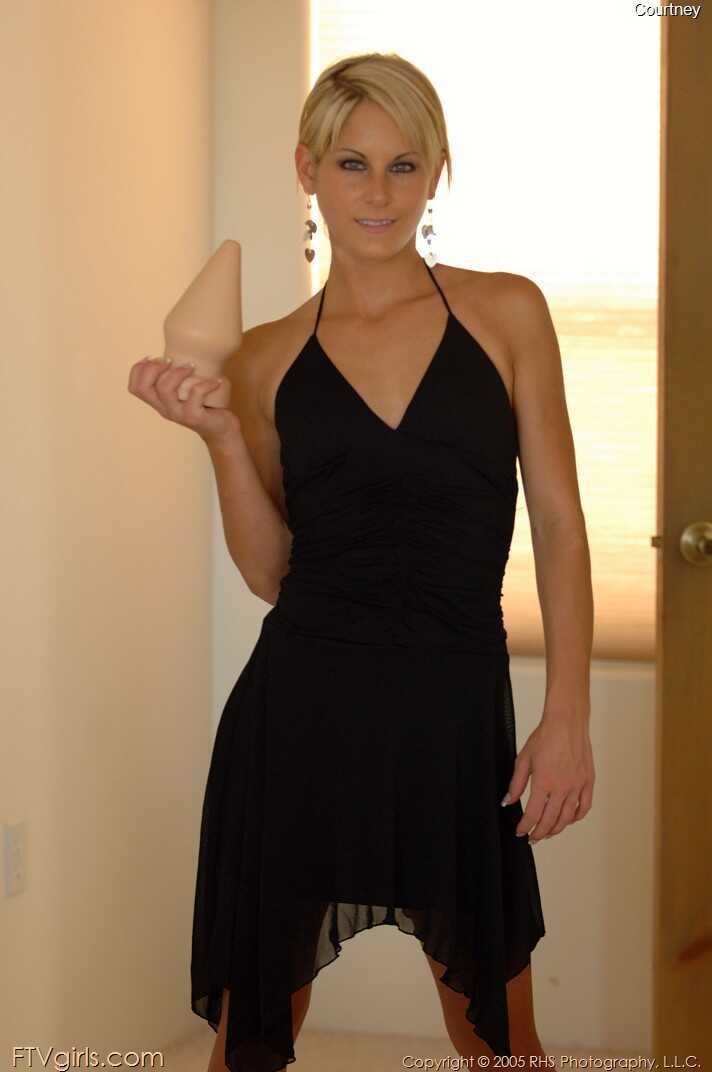 Blonde beauty Courtney Simpson in black lingerie licking & sitting on an anal dildo in a hot summer dress with long le...