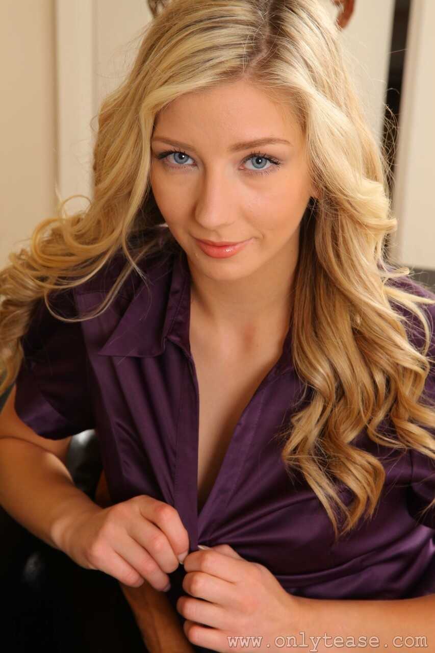 Leggy Blonde Sophie Barrett Flaunts Her Perfect Body in Luscious Purple Top, Shows Off Her Tits on a Black Couch - Sophie ...