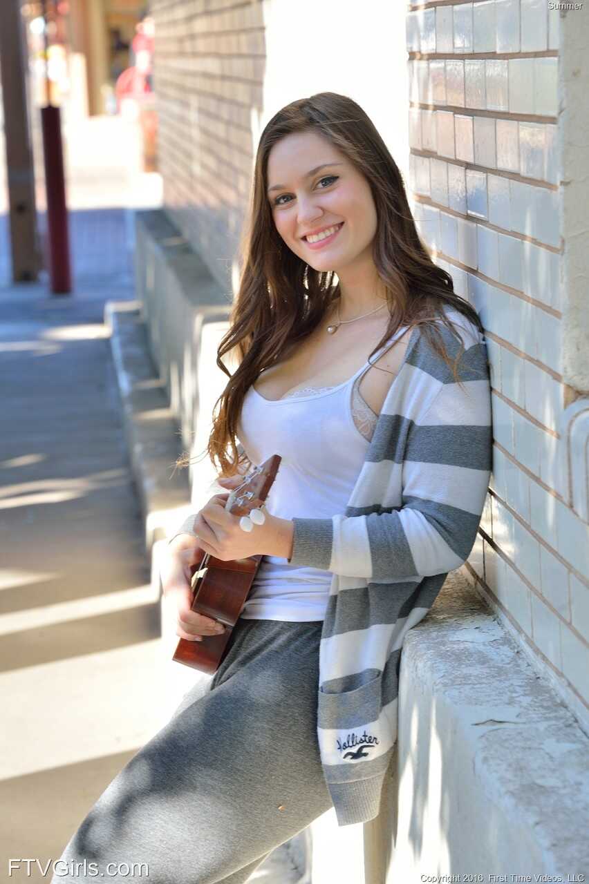 Bosomy babe Summer flashes her big ass and teases with her small guitar in public - Summer