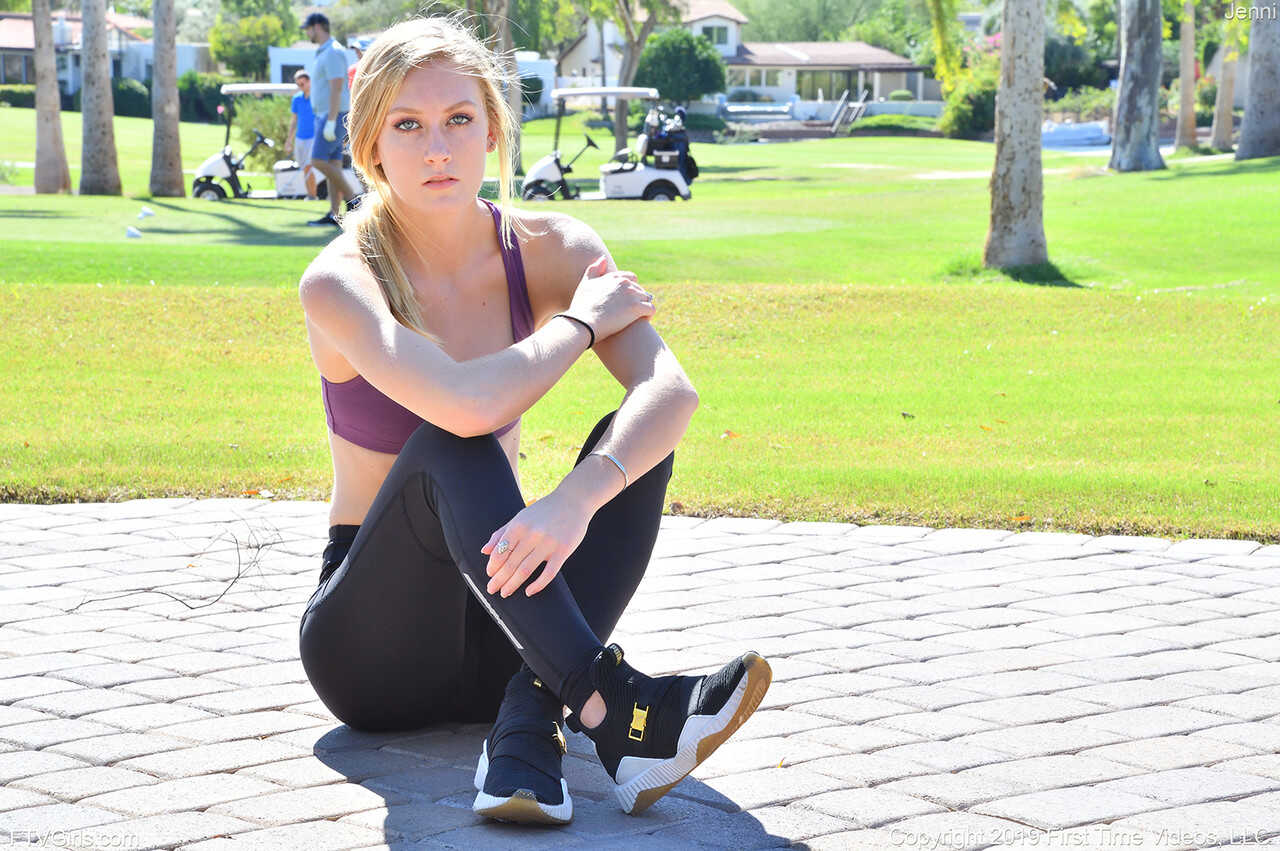 Busty teen Jenni Jordan shows off her flexibility and hot body in sexy yoga pants outdoors - Jenni Jordan