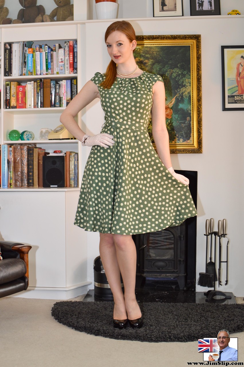 Pale Redhead Hikes Up Summer Dress To Expose Vintage Lingerie