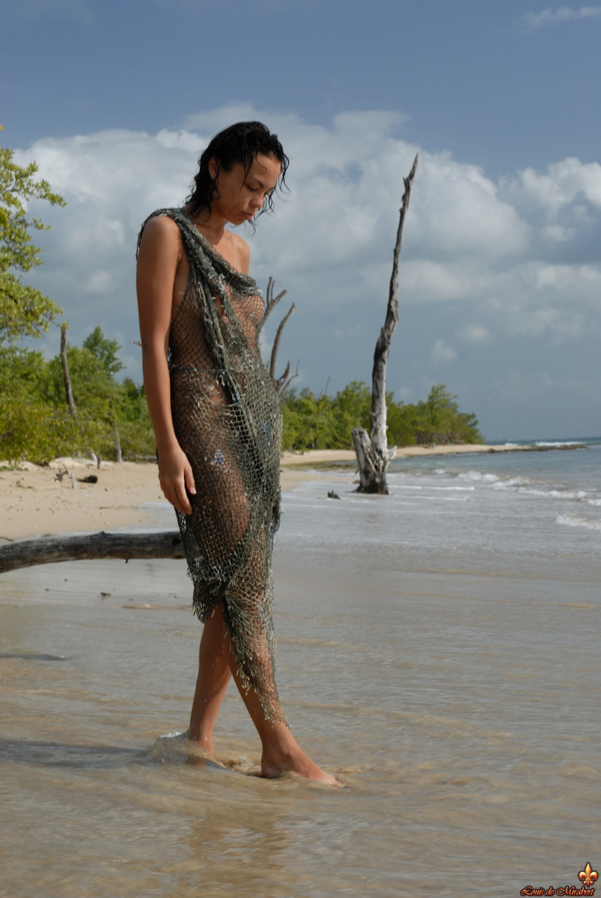 Glamour Model In Fishnet Dress Poses On Beach