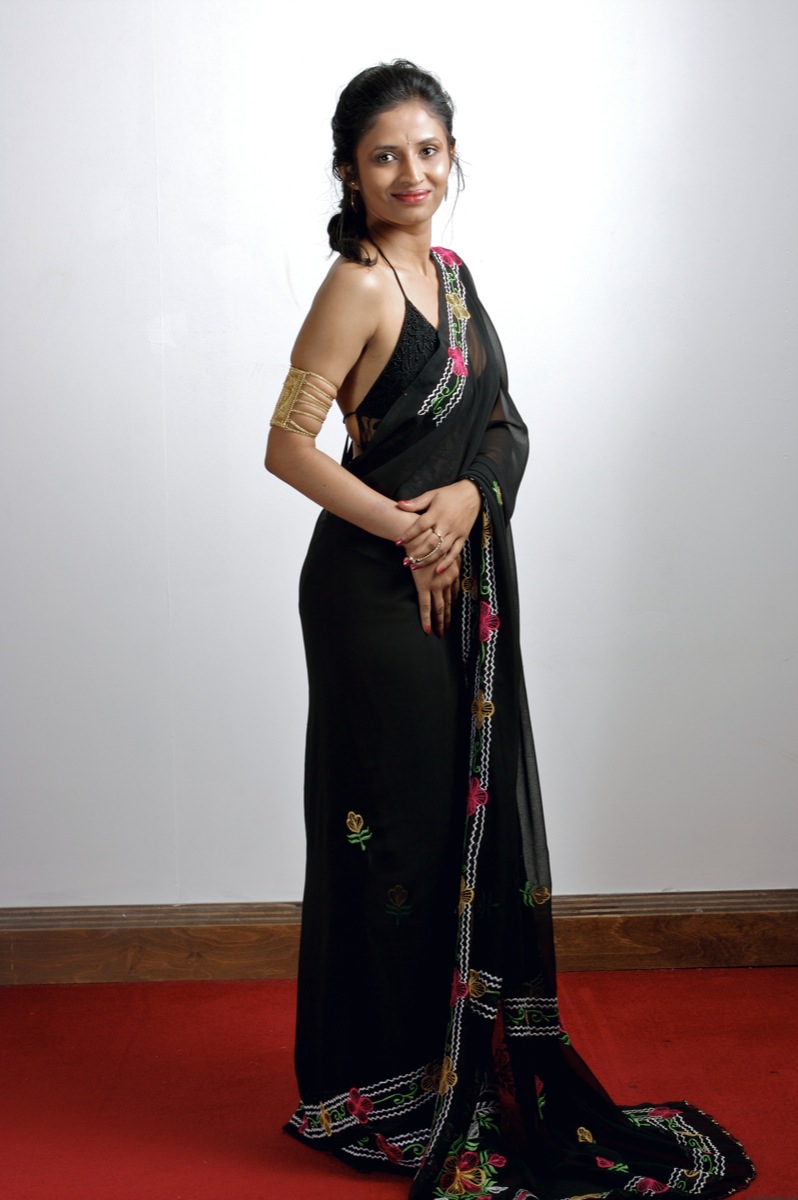 Slender Indian Woman Removes Sari To Model Black Lingerie