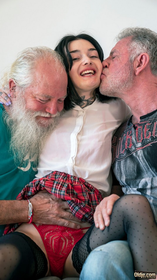 Brunette Teen Spit-Roasted By Two Old Men