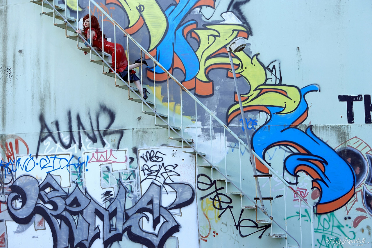 Goth Vanessa Lake Peels Red Latex Dress On Chemical Tank Stairs