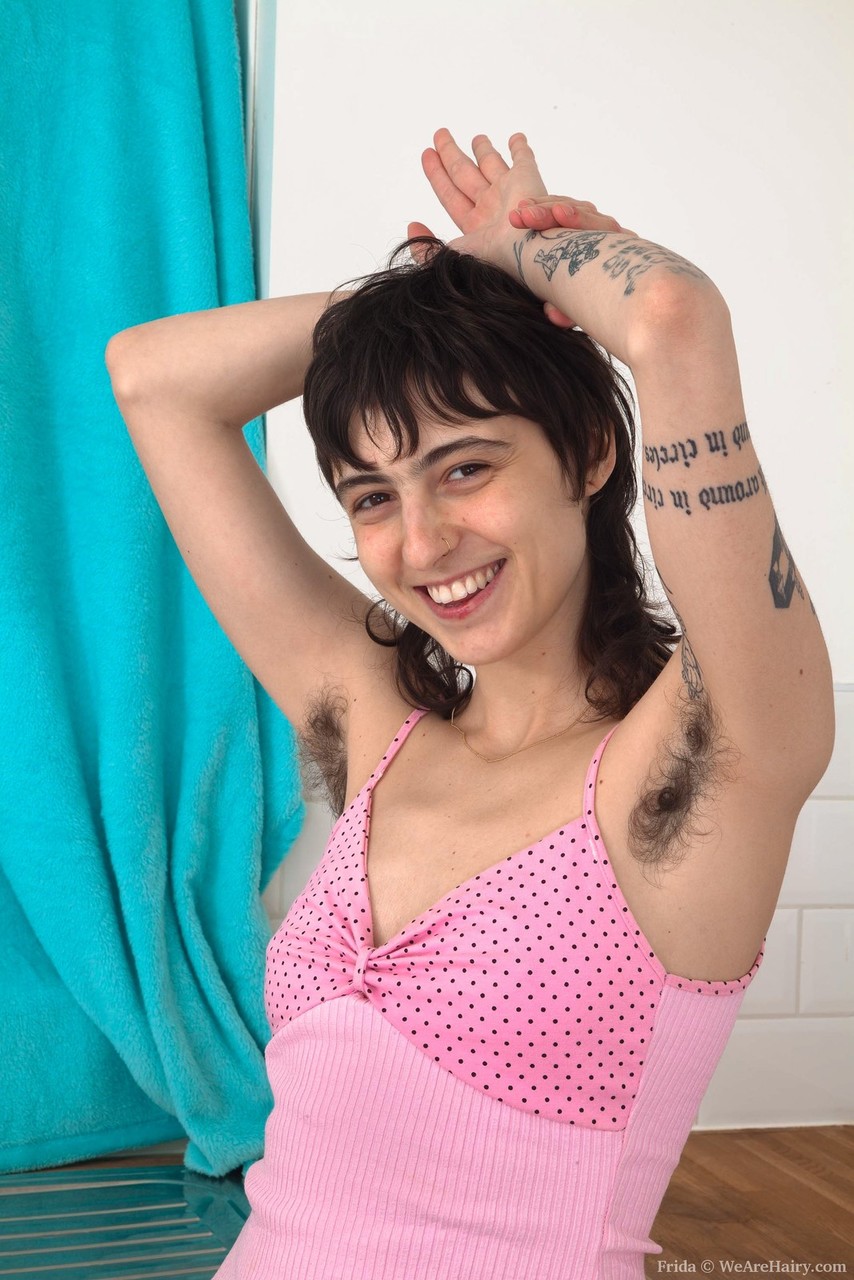 Inked Amateur Frida Flaunts Hairy Underarms And Bush Nude