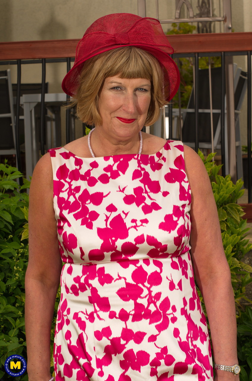 British Lady Rosemary Strips In The Back Yard And Toys Her Bald Mature Pussy