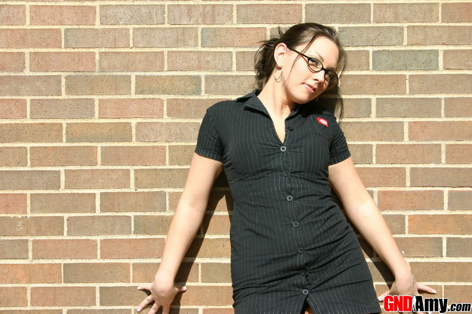 Glasses Amateur Girl Strips To Bra And Thong Against Brick Wall