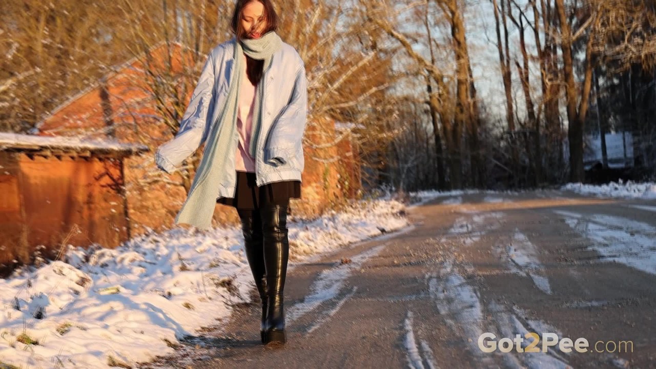 Asian Girl Pinkycat Squats To Piss On Frozen Ground Near Brick Wall