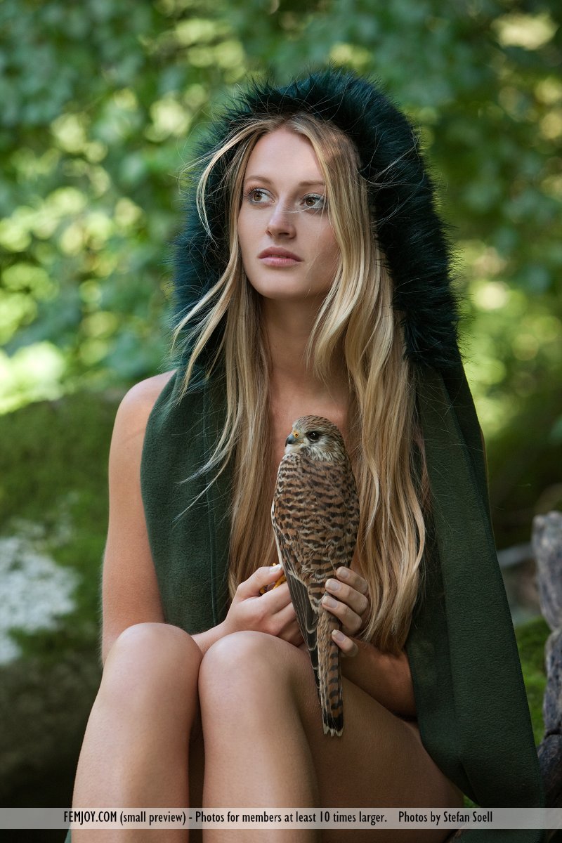 Nackte Blondine Mit Schönen Titten Und Arsch Geht Mit Ihrem Falken Jagen