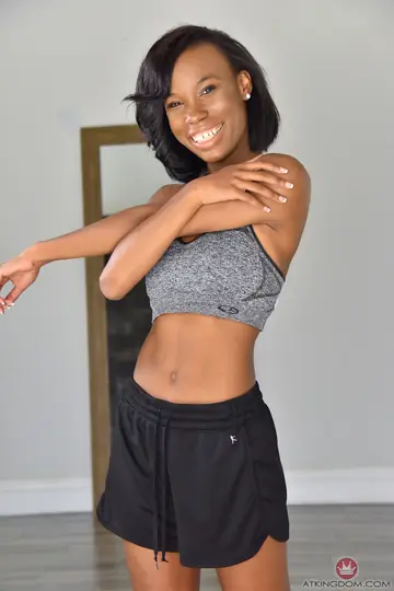 Ivory Logan – Petite Ebony Brunette Strips Out of Her Shorts on Yoga Mat