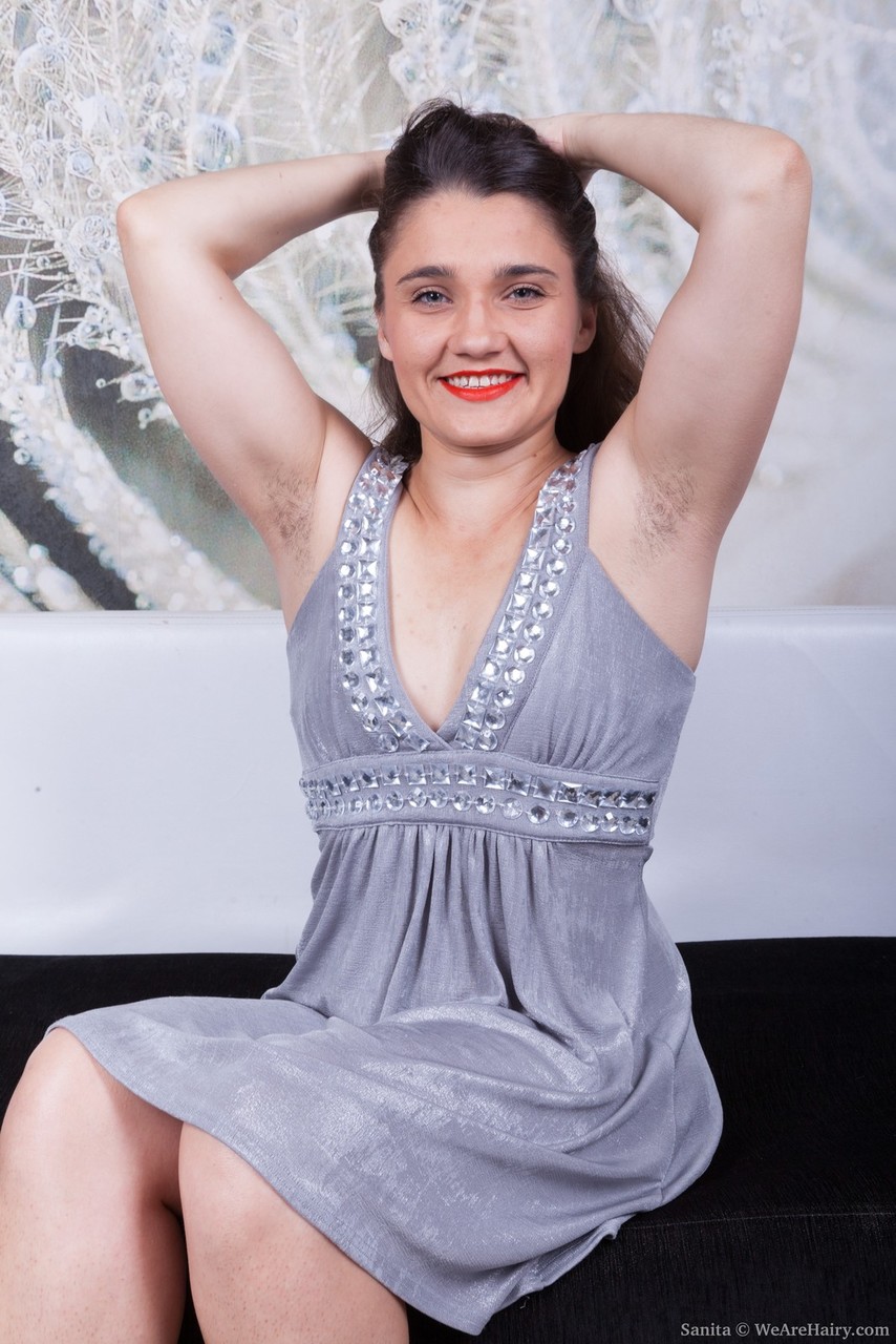 Chubby Brunette Sanita Stretches Hairy Pussy Lips Wide After Getting Naked