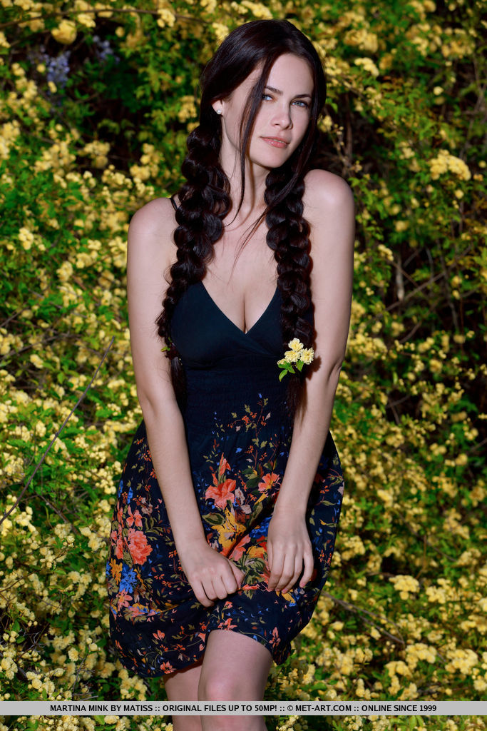 Sexy Teen Martina Mink Undresses In Braided Pigtails By Flowering Bushes