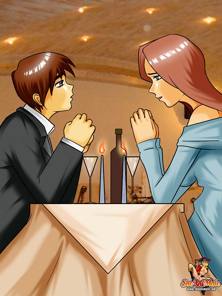 Anime Shemale And Her New Man Analizing Each Other During Dinner Date