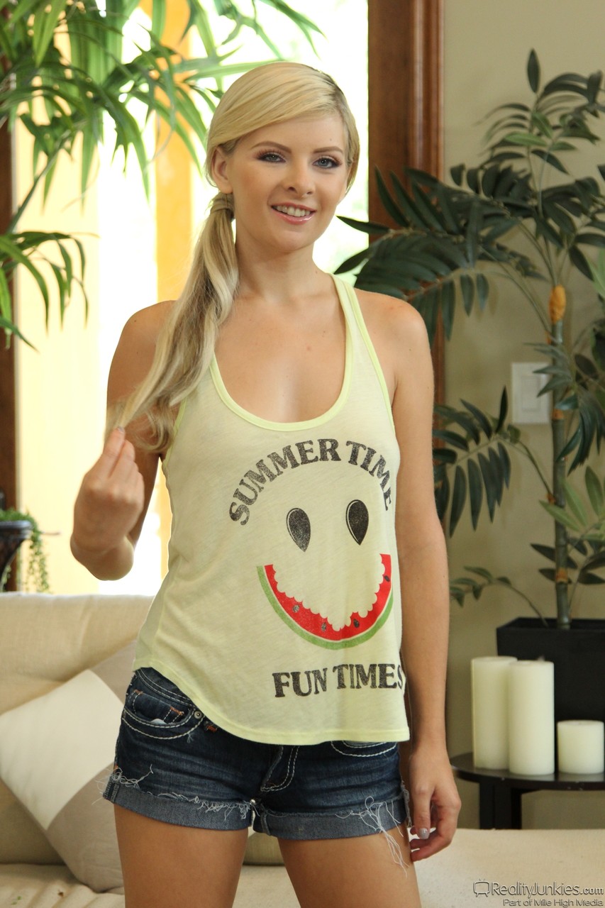 Petite Blonde Teen Alessandra Noir Posing In Red Lingerie And Rubbing Pussy