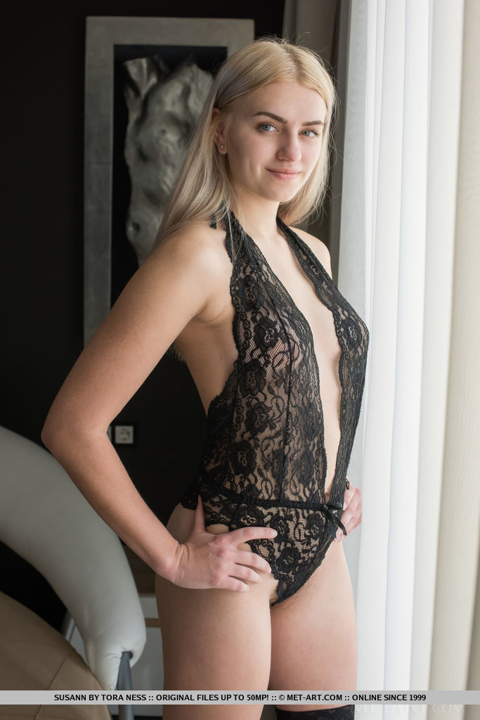 Young Blonde Girl Shows Her Awesome Bush In Stockings After Removing Onesie