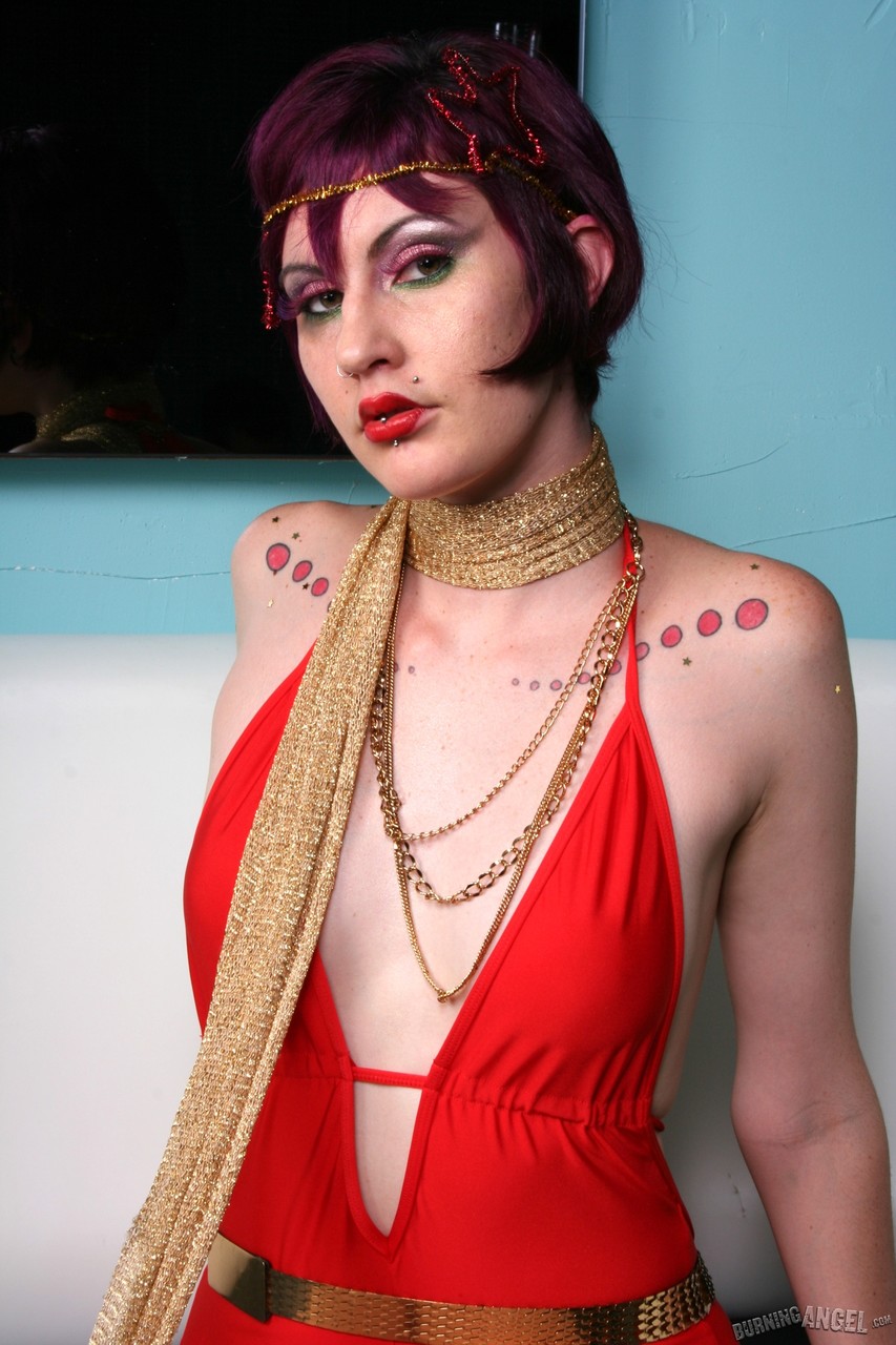 Tattooed Slut In Red Dress Strips & Fingers Her Short-Haired Pussy