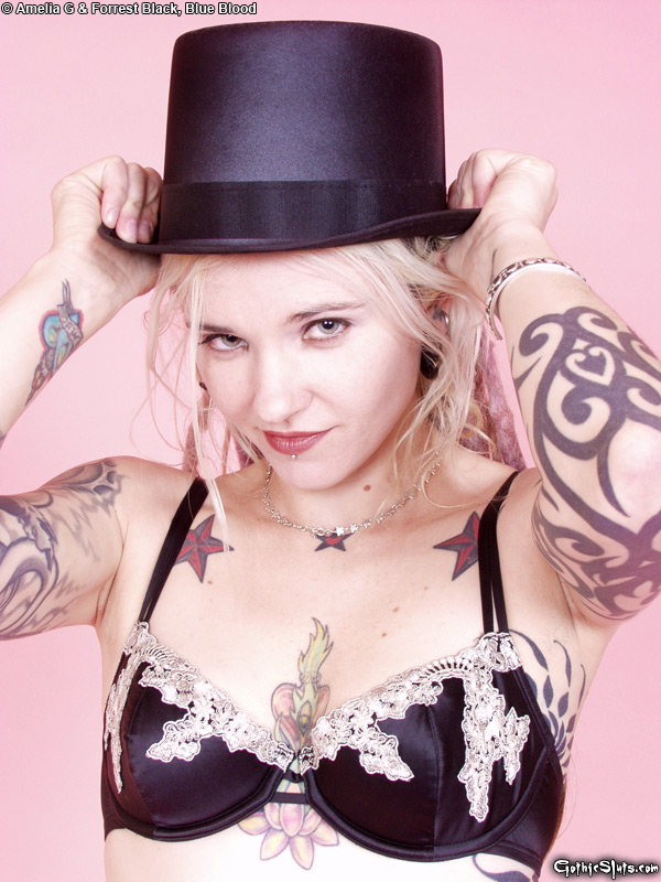 Tattooed Blonde Voltaire Blue Doffs Top Hat While Getting Naked In Heels
