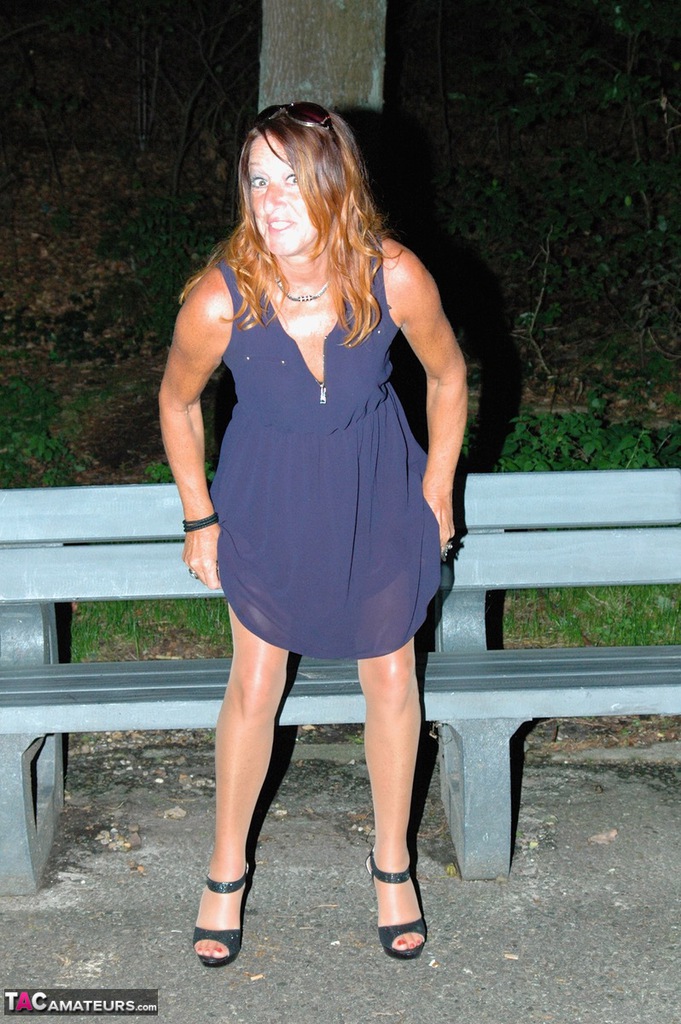 Amateur Female Pulls Down Her Hose For A Piss On Park Bench At Night