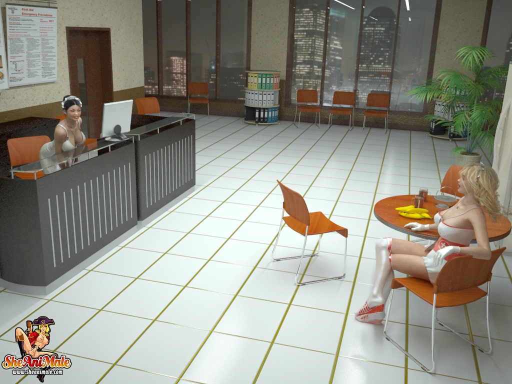 Cartoon Nurse & Receptionist Shemales Flaunt Their Huge Tits And Fuck