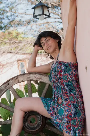 Soledad – Slim Mature Latina Spreads Hairy Pussy Outdoors in a Thong
