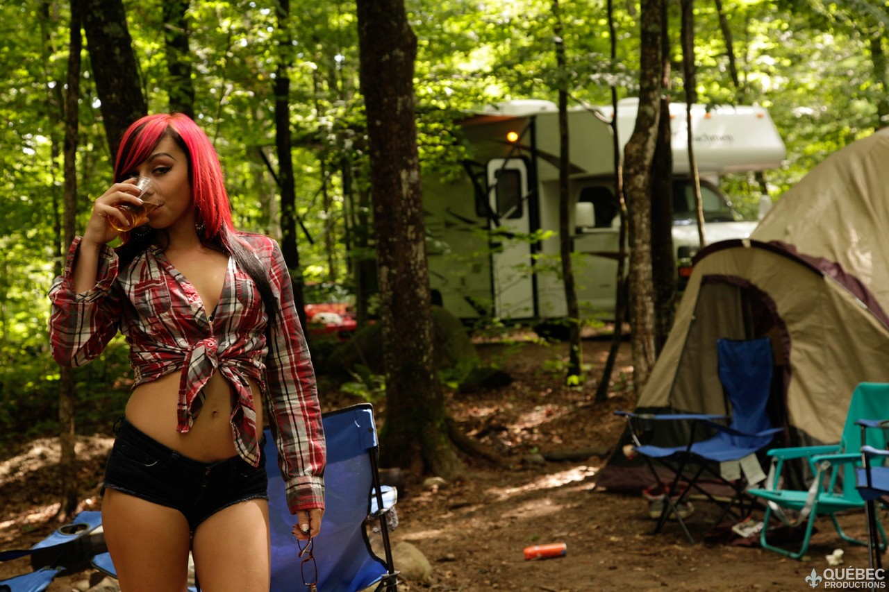 Quebecois Sluts With Big Tits In Booty Shorts Pose On Camping Trip
