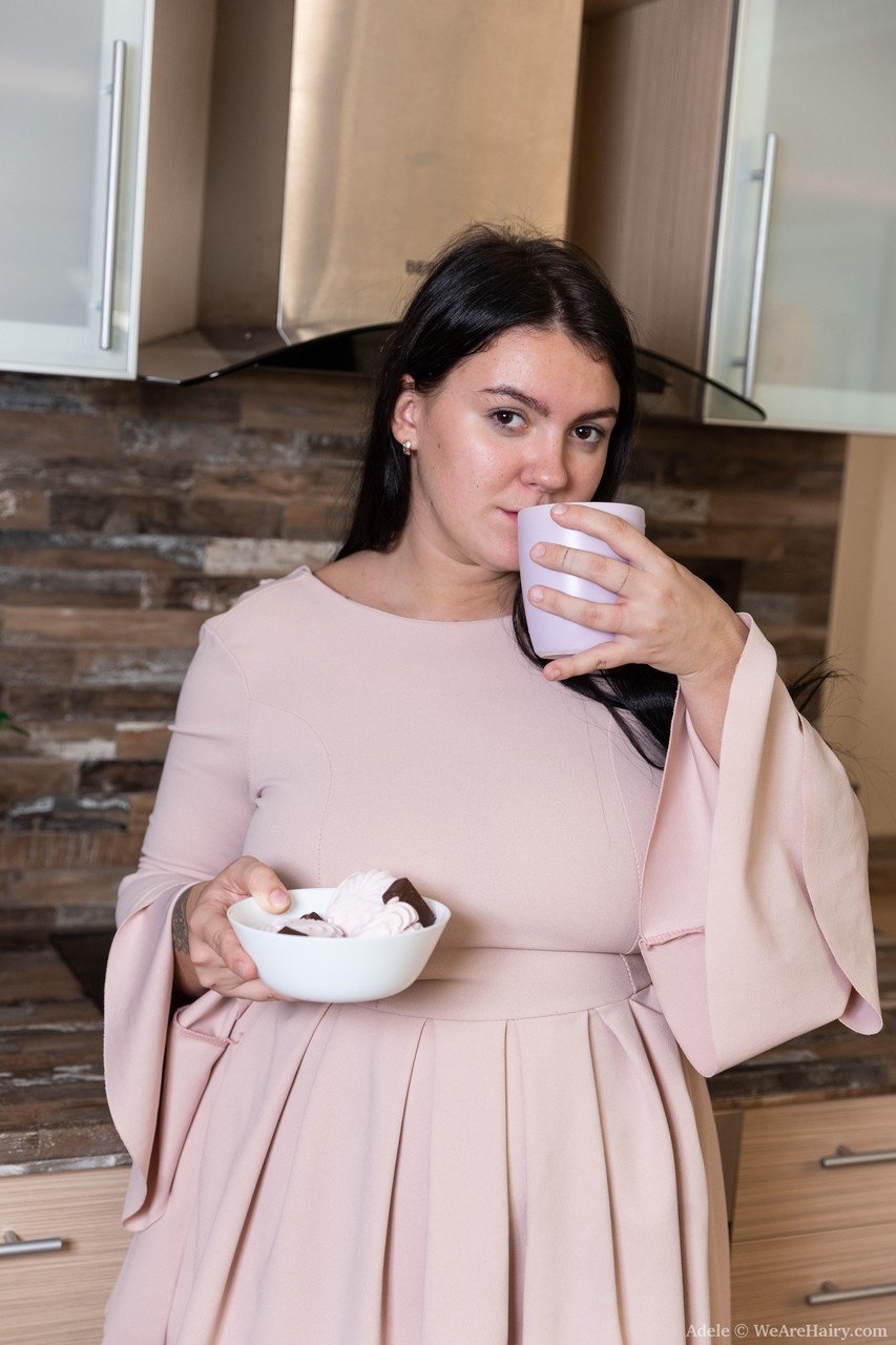 Chubby Adele Shows Hairy Armpits And Pussy Before Squeezing Big Tits